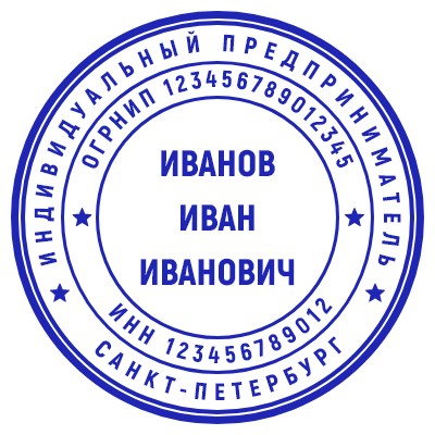 Шаблон печати №4 с ФИО в центре, огрнип и инн по кругу, а также городом