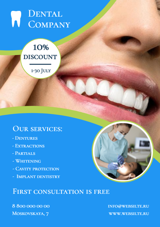 Рекламная листовка для зубной клиники, стоматологии. Размер макета - 148x210 мм.