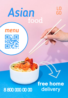 Листовка - меню азиатского ресторана/ суши бара еда на вынос / доставка еды. Размер макета - 70x100 мм.