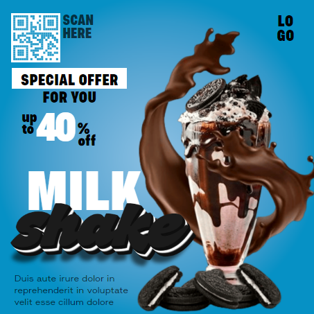 Рекламный флаер Молочного коктейля для кафе или фаст-фуда с QR для заказа онлайн. Размер макета - 120x120 мм.