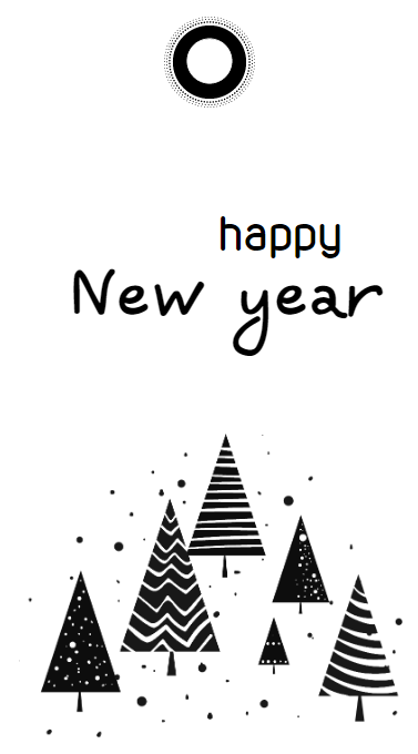 Черно-белая визитка бирка с иллюстрацией новогодних елок. Для одежды, хенд-мейда или других товаров. Размер макета - 50x90 мм.