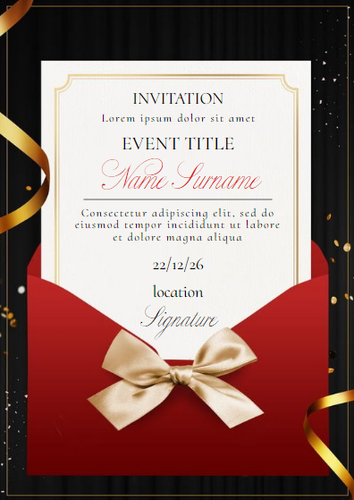 Именное приглашение на мероприятие ( свадьба, день рождение, новый год,  ужин и тп.) с изображением праздничного красного конверта с золотыми лентами. Размер макета - 105x148 мм.
