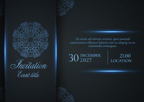 Универсальное приглашение на мероприятие на тёмном фоне с неоново голубым цветом. Размер макета - 148x105 мм.