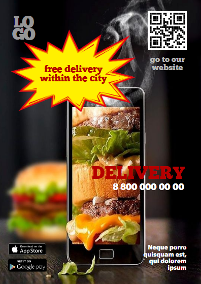 Реклама доставка фастфуда/пиццы/суши. Сделать заказ онлайн и скачать приложение. Размер макета - 105x148 мм.
