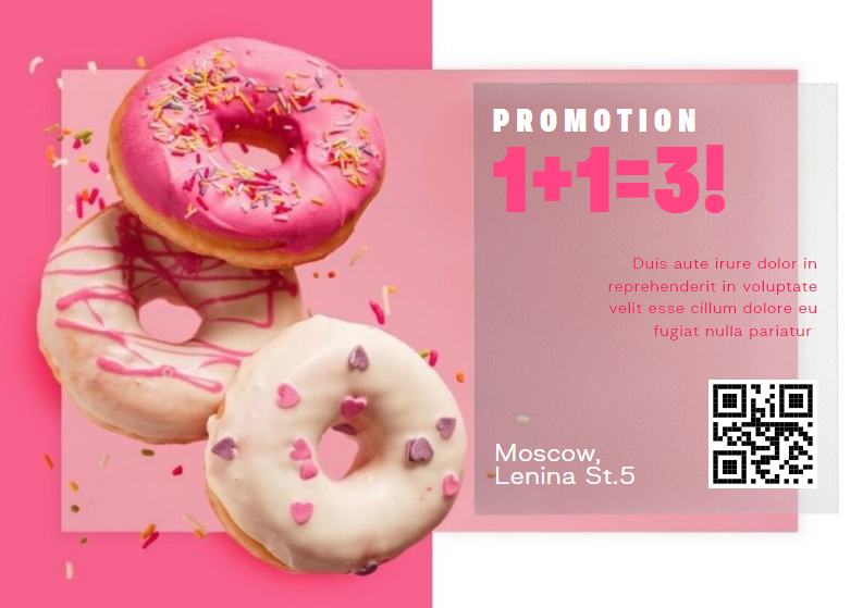 Реклама акция на донаты / пончики 1+1=3. Для пекарни, кофейне, кондитерской. Размер макета - 210x148 мм.