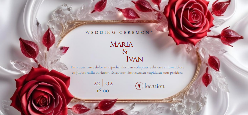 Пригласительное на свадьбу, белое с красными розами. Размер макета - 210x98 мм.