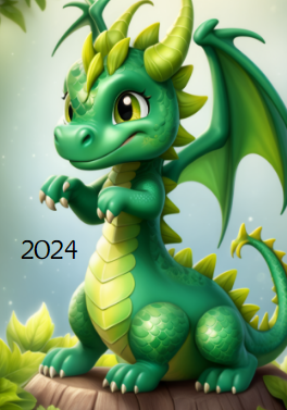 Карманный календарик на 2024 год с символом года милым зеленым драконом.  Размер макета - 70x100 мм.