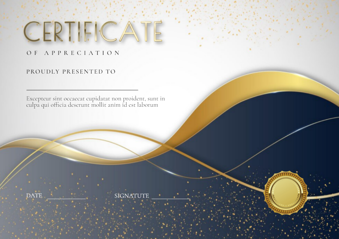 Светлый сертификат с сине - золотой абстракцией. Размер макета - 297x210 мм.
