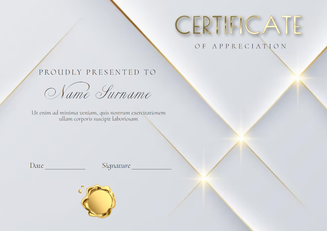 Светло-золотой сверкающий элегантный сертификат для награждений. Размер макета - 297x210 мм.