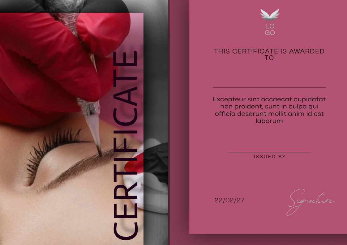 Современный объёмный сертификат с фото для мастера по татуажу / сертификат мастера бровиста / сертификат мастера перманентного макияжа. Размер макета - 297x210 мм.