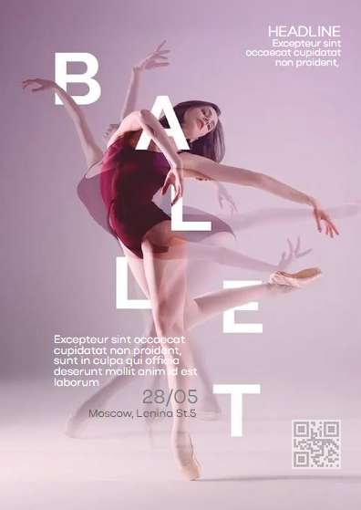Стильная листовка / флаер с QR кодом реклама балета балетное шоу школа балета и т.п. Размер макета - 105x148 мм.