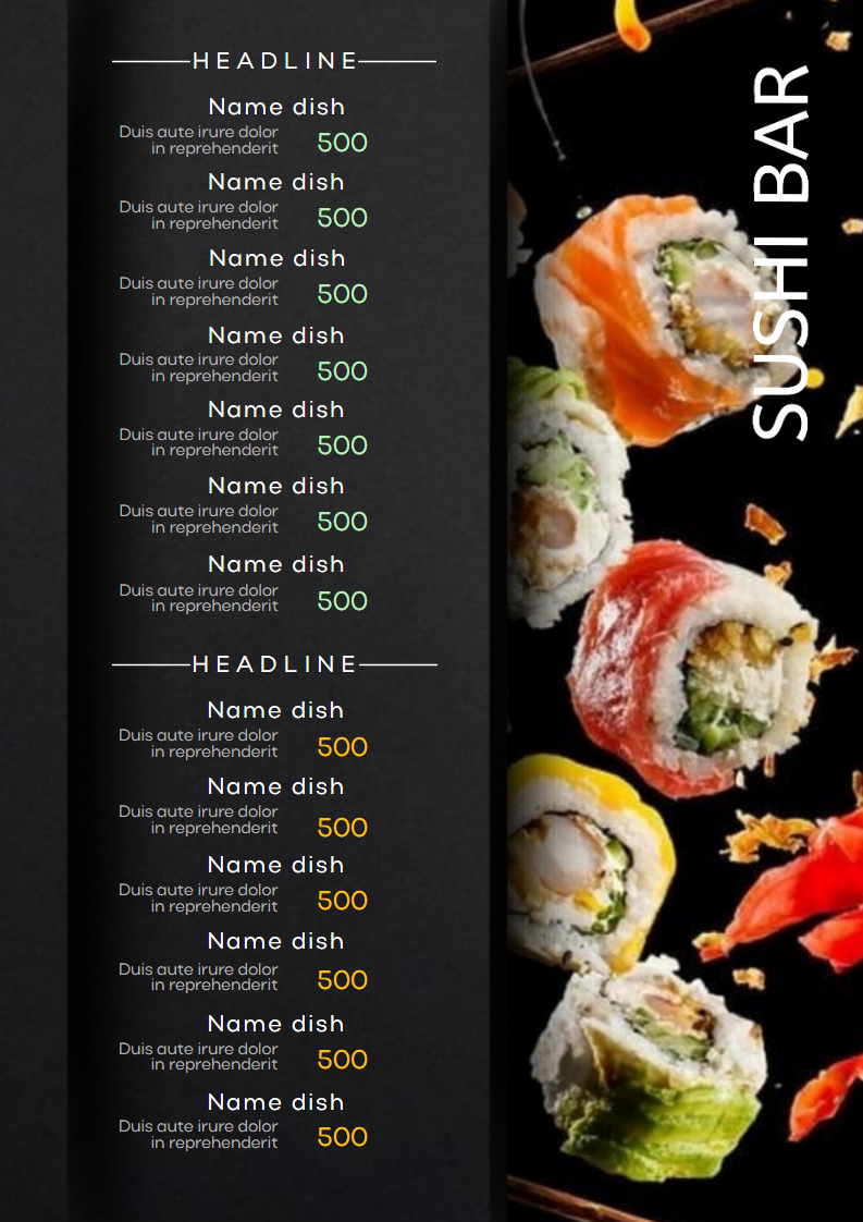 Стильное креативное меню для суши бара. Размер макета - 210x297 мм.