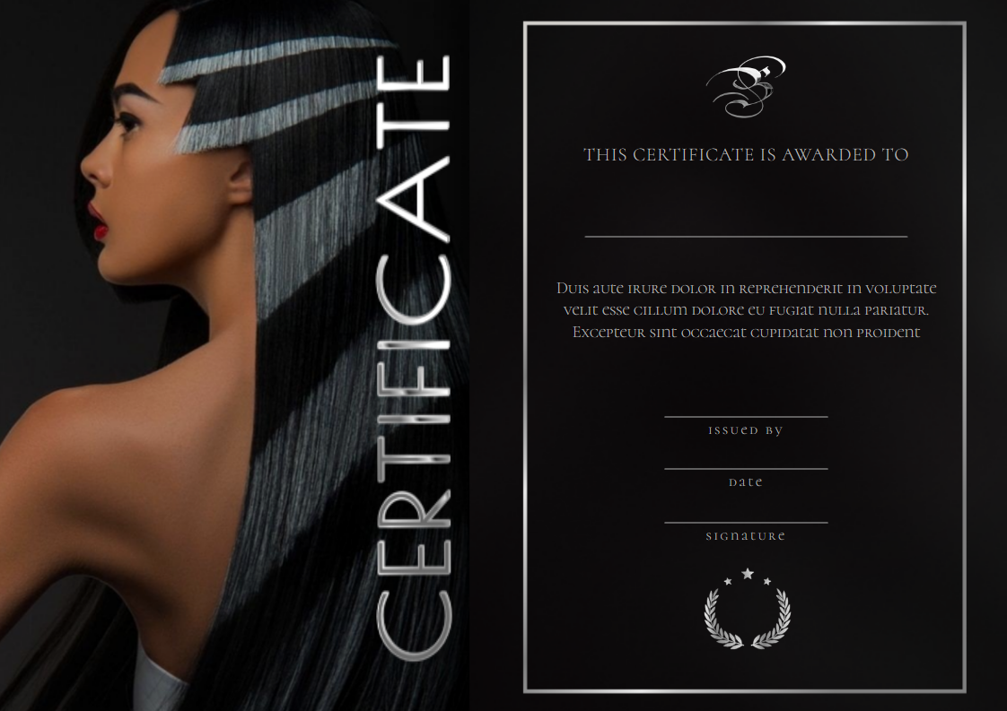 Современный тёмный сертификат для парикмахера / парикмахера - колориста / стилиста / фотографа. Размер макета - 297x210 мм.