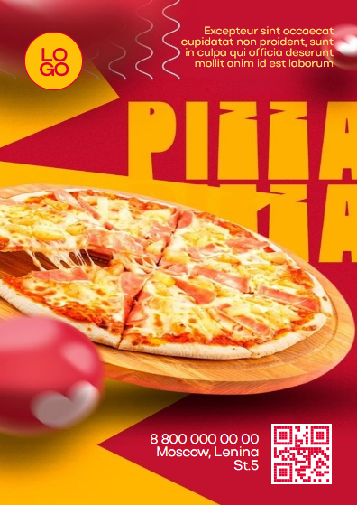 Яркая современная рекламная листовка для пиццерии доставка пиццы листовка с QR кодом акция на пиццу. Размер макета - 105x148 мм.
