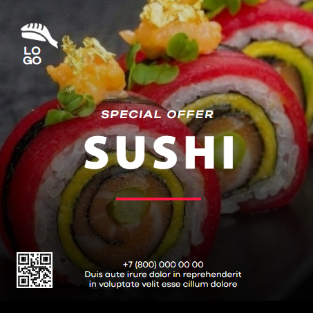 Реклама суши рекламная листовка доставка и заказ суши / роллы стильная листовка с QR. Размер макета - 120x120 мм.