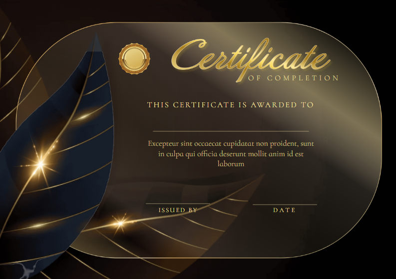 Блестящий тёмно-золотой сертификат с растительными элементами сертификат для награждений. Размер макета - 210x148 мм.