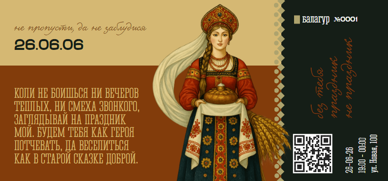 Приглашение в виде билета, на мероприятие в русско-народном стиле. Размер макета - 210x98 мм.