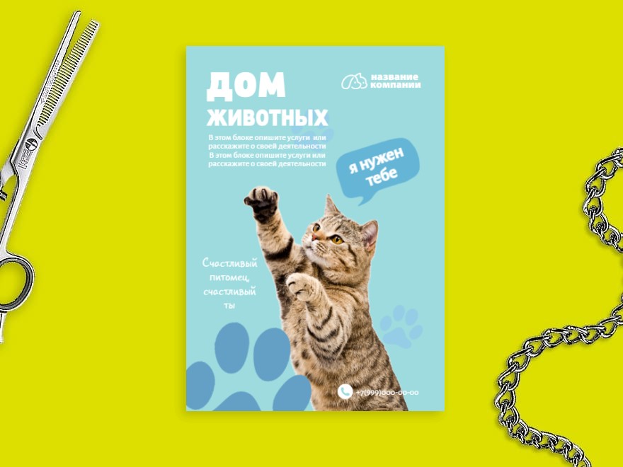 Шаблон листовки или флаера формата A6: товары для животных, зоомагазин, кошки