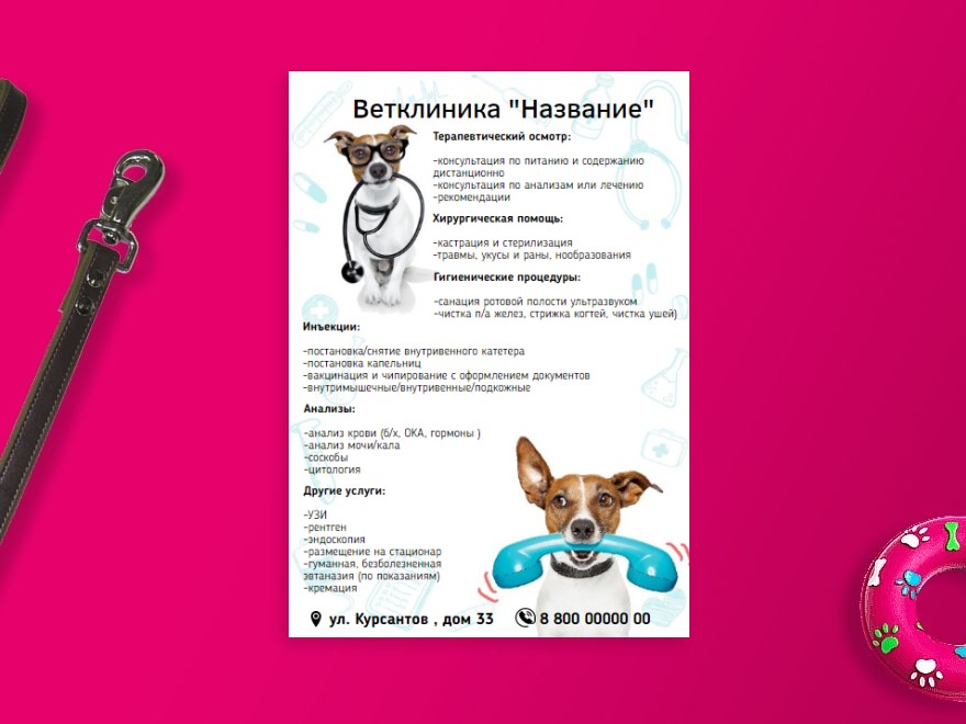 Шаблон листовки или флаера формата A6: ветеринария, врачи, клиники, животные, уход за животными