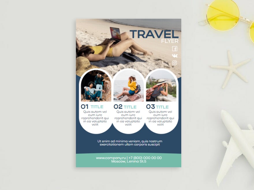 Шаблон листовки или флаера формата A6: отдых, турагентства, туристические компании, организация путешествий