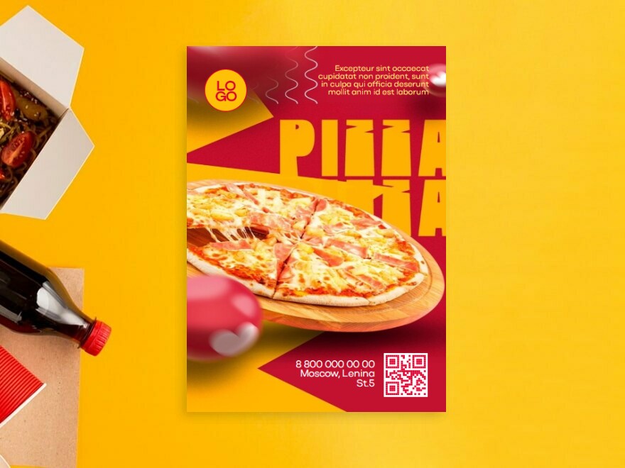 Шаблон листовки или флаера формата A6: пиццерия, ресторан, фастфуд