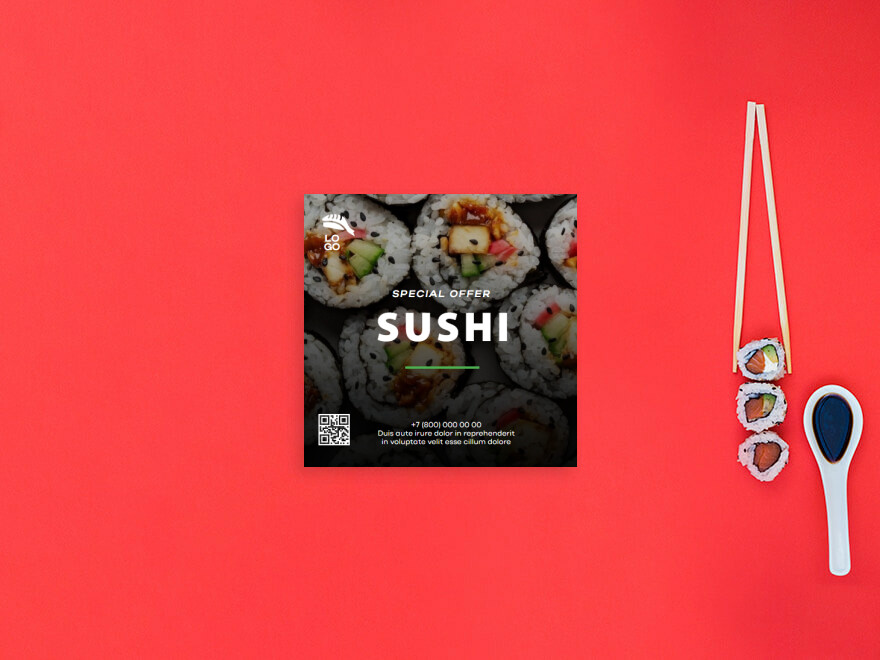 Шаблон листовки или флаера формата 120x120: суши, ресторан, фастфуд