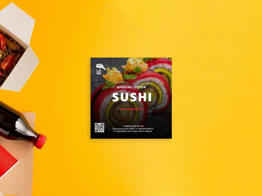 Шаблон листовки или флаера формата 120x120: суши, ресторан, фастфуд